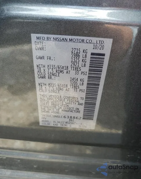 2020 Nissan Pathfinder Sv z USA, uszkodzony, nr VIN 5N1DR2BN6LC638862